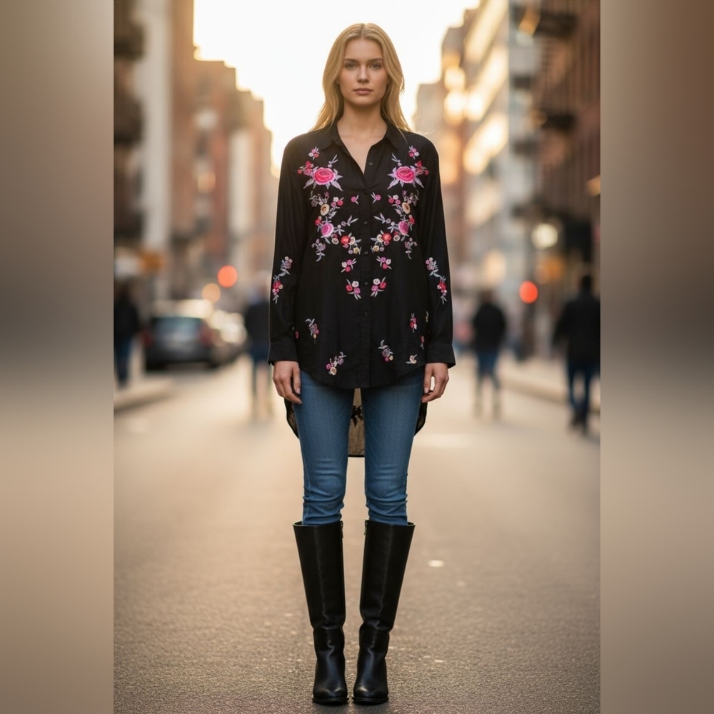 NEW, Zara Black Floral Spanish Shirt Size L